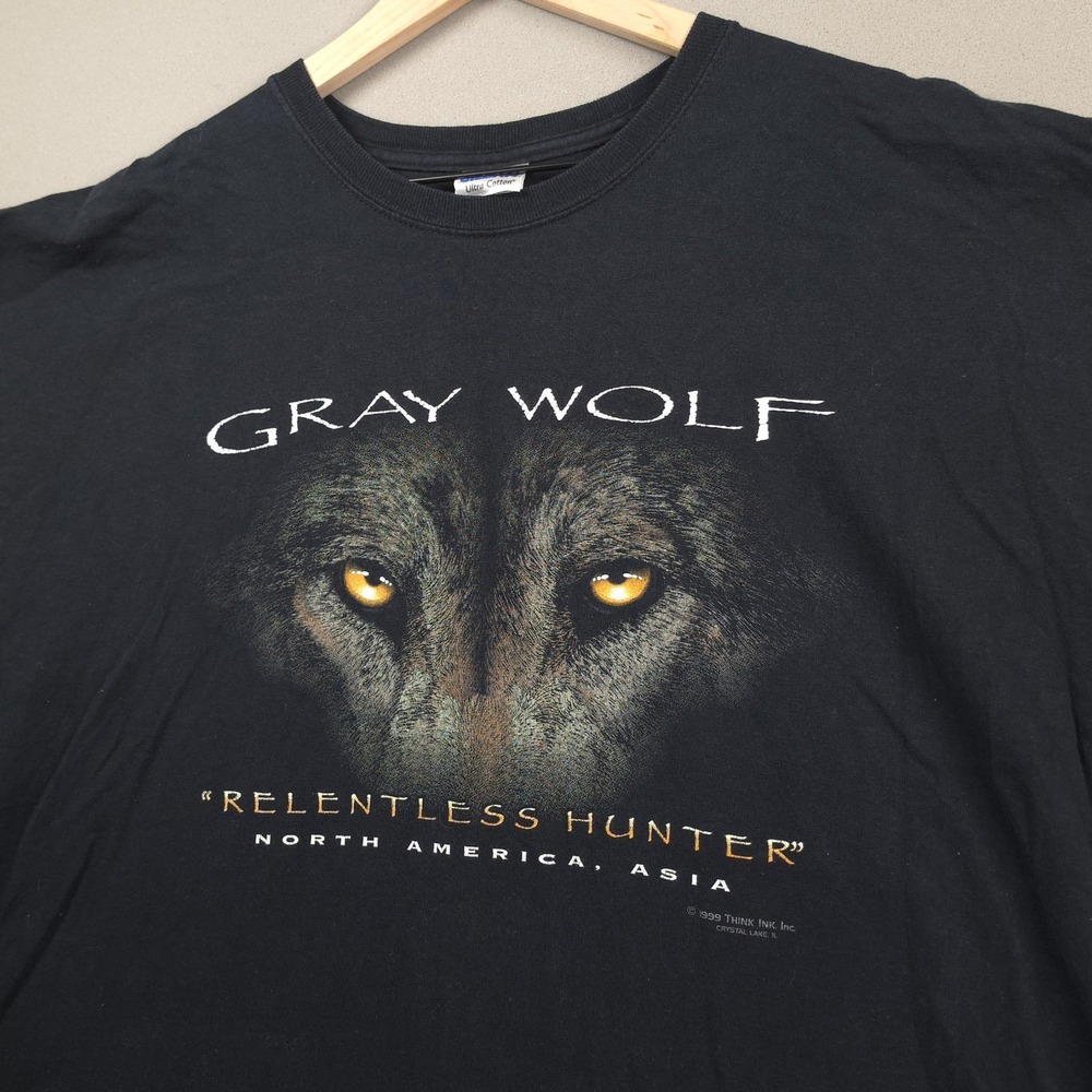 Vintage 1999 Gray Wolf Relentless Hunter Tee Mens XL Black Nature Animal Zoo Art